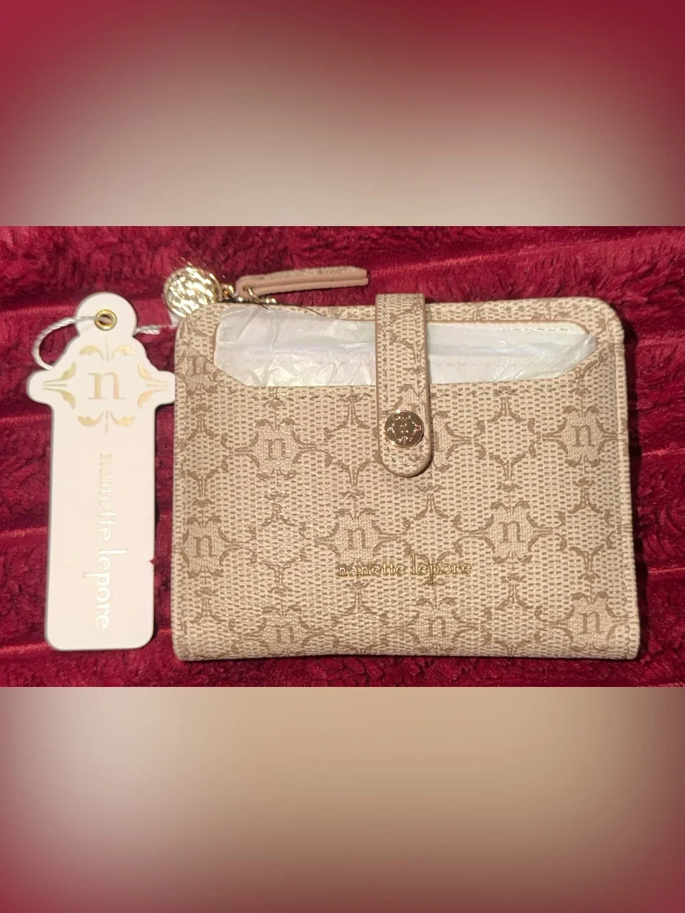 Nanette Lepore Beige Monogram Snap Wallet with Gold Accent